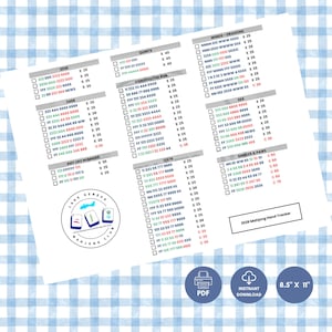 May include: A white 8.5 inch by 11 inch 2026 Mahjong Hand Tracker score sheet featuring categorized game combinations, point values, and checkboxes. The sheet includes the Lake Geneva Mahjong Club logo and icons for PDF, instant download, and size.