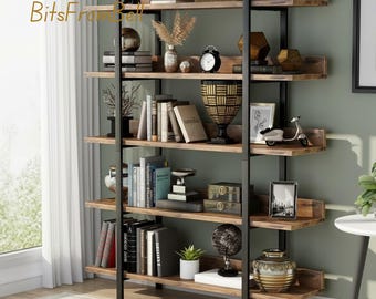Industrial Bookshelf 5 Tier Bookcase for Living Room or Home Office Rustic Wood Display Shelf