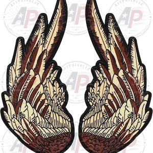 May include: A pair of embroidered patches featuring detailed wing designs in shades of cream, tan, and dark brown. Each wing has a black border and displays layered feather textures with a distinct, rounded pattern at the base of the wing structure.