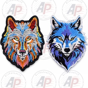 Wolf Embroidered Patch Set of 2, Colorful Animal Iron On Patches, Cool Wilderness Jacket Back Patch, Celestial Blue and Vibrant Tribal Wolf