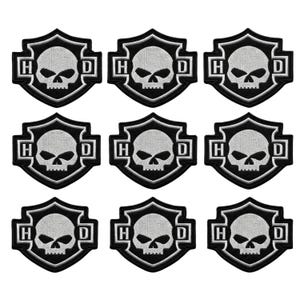 Embroidered Biker Skull Shield Patch – Black White Iron-On Jacket Vest Applique (3x3")
