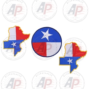 May include: Three embroidered patches featuring the Texas flag design. Two patches are shaped like the state of Texas with yellow borders, and one is a circular patch with a dark blue border. Each displays a white star on a blue field.