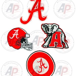 May include: A set of four embroidered patches featuring red and white designs: a stylized letter A, a red football helmet with a white A, an elephant mascot standing next to a red letter A, and a circular patch with a white center and red A.