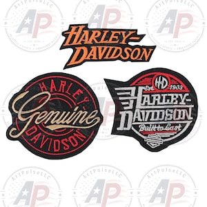 May include: Three embroidered patches featuring Harley-Davidson branding. The top patch displays the orange and black logo. The bottom left circular patch features the word Genuine in gold script. The bottom right patch includes the text Built to Last.