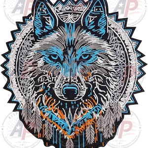 May include: An embroidered patch featuring a stylized wolf head in black, white, bright blue, and orange thread. The wolf is centered within a circular frame with a jagged, starburst-like border. Intricate geometric patterns and feather motifs are stitched throughout the design, creating a detailed, multi-layered appearance against a dark background.