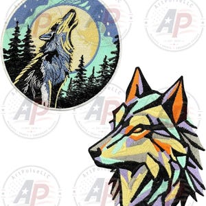 May include: Two embroidered patches: one circular patch featuring a wolf howling at a yellow moon against a blue sky with black pine trees, and one die-cut patch depicting a stylized wolf head in geometric segments of orange, yellow, and purple.