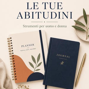Può includere: Immagine di un'agenda e di un diario. L'agenda ha una rilegatura a spirale e una copertina con un design astratto arancione, beige e verde. Il diario è blu navy. Il testo sull'immagine recita "TRASFORMA LE TUE ABITUDINI" e "SCOPRI IL BUNDLE."