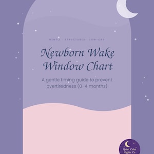 May include: A purple and light pink informational chart titled Newborn Wake Window Chart. The text reads Gentle, Structured, Low-Cry and A gentle timing guide to prevent overtiredness (0-4 months). A crescent moon and stars appear at the top.