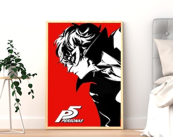 Póster de Joker de Persona 5 / Arte mural de anime JRPG / Lámina de videojuegos en rojo y negro / Decoración de habitación de Phantom Thieves