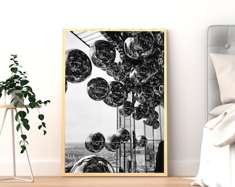 Póster de globos / Arte abstracto de ciudad para pared / Impresión fotográfica en blanco y negro / Decoración estética para dormitorio