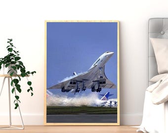 Póster del Concorde / Arte mural de aviación de Air France / Lámina de avión supersónico / Decoración de habitación con avión vintage