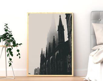 Póster de catedral gótica / Arte mural de arquitectura oscura / Lámina con efecto de niebla / Decoración estética para dormitorio