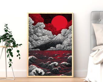 Póster del Monte Fuji / Arte mural de olas japonesas / Grabado en madera rojo y negro / Decoración estética para dormitorio