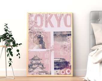 Póster de Tokio / Arte mural con estética japonesa rosa / Lámina de collage de flores de cerezo / Decoración japonesa para habitaciones