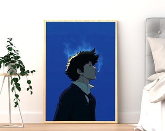 Póster de Spike Spiegel / Arte mural de anime Cowboy Bebop / Lámina con estética azul / Decoración de anime de ciencia ficción