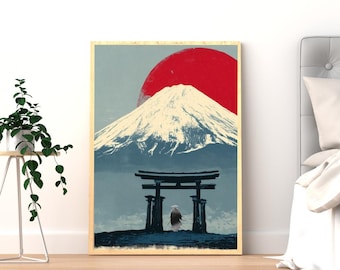 Póster de samurái / Arte mural de la puerta Torii del Monte Fuji / Estampado japonés del sol rojo / Decoración estética para dormitorio