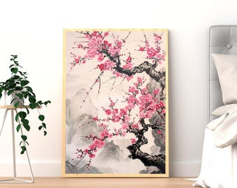 Póster de flores de cerezo / Arte mural de pintura japonesa con tinta / Estampado de sakura rosa / Decoración floral de estética zen