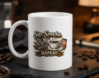 Sip Smoke Repeat Mug 11oz 335ml, Made in Germany, White Ceramic Coffee Mug