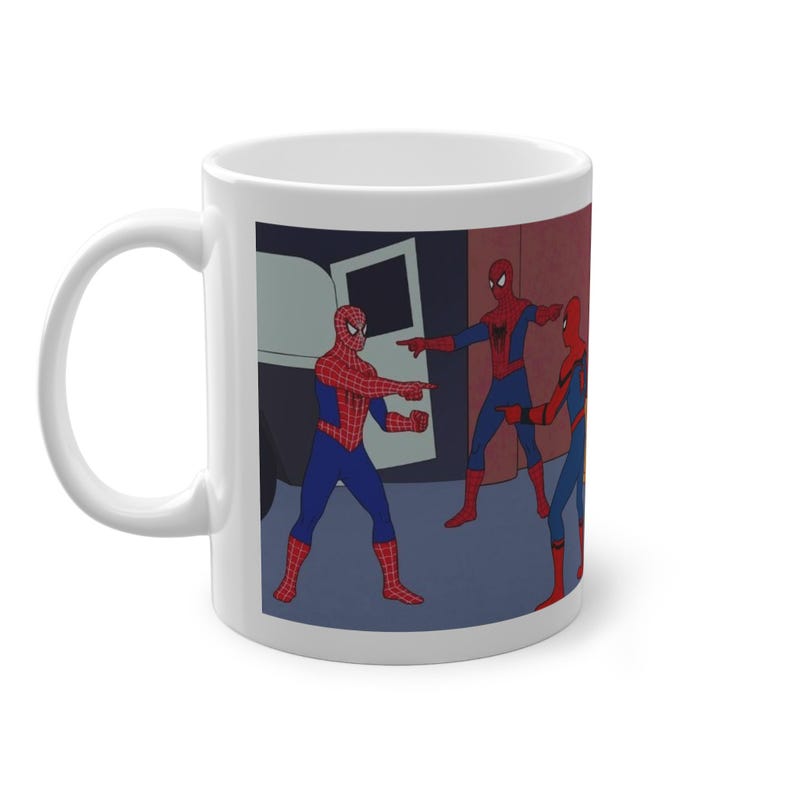 Spider Man Pointing Meme Mug 11oz 335ml, Made in Germany, Tobey Andrew Tom Inspired Coffee Cup image 2