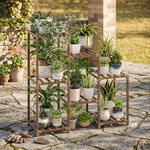 May include: A multi-tiered wooden plant stand holding numerous potted plants of various sizes and species. The stand features a grid-like frame with multiple shelves, displaying a collection of green foliage in white, grey, and terracotta pots.