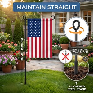 Pode incluir: Um suporte de bandeira de jardim de metal preto com uma bandeira americana. A bandeira é vermelha, branca e azul, com uma altura de 91 cm. O texto "MAINTAIN STRAIGHT" está no topo.