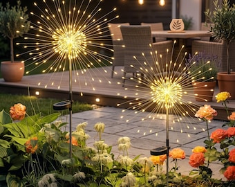 Solar Firework Garden Lights 2 Pack 120 LED | Fairy Starburst Outdoor Light | Yard Pathway Patio Decor | Garden Gift | Warm White Glow
