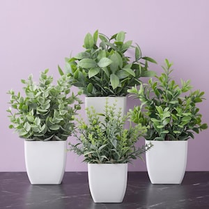 4 Pack Mini Artificial Plants | Realistic Faux Greenery in White Pots