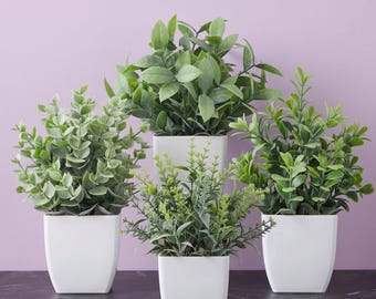 4 Pack Mini Artificial Plants | Realistic Faux Greenery in White Pots