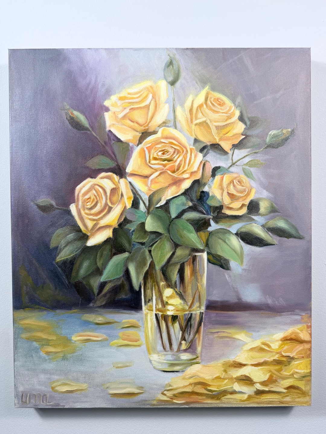 Yellow Roses Oil Painting 20x24,floral Still With Glass Vase,hand ...