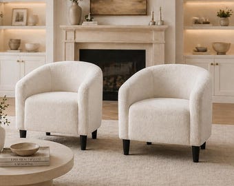 Juego de 2 sillones auxiliares de bouclé color marfil / Cómodos sillones de felpa para sala de estar