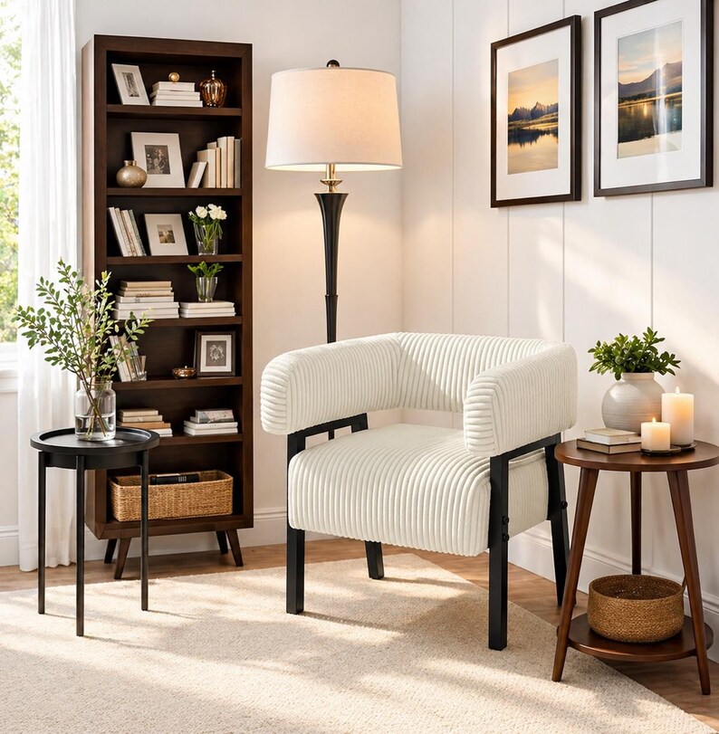 Puede incluir: Un sal&oacute;n acogedor con un sill&oacute;n de pana crema con patas de metal negro. Una estanter&iacute;a de madera oscura, mesas auxiliares y una l&aacute;mpara de pie con pantalla beige completan el espacio. Dos cuadros de paisajes enmarcados cuelgan de la pared.