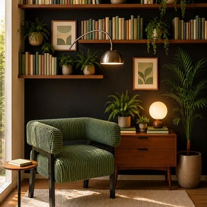 Puede incluir: Un sal&oacute;n acogedor con un sill&oacute;n de pana verde, estanter&iacute;as de madera llenas de libros y plantas en macetas. Una mesa auxiliar con una l&aacute;mpara y una alfombra completan el espacio. La habitaci&oacute;n est&aacute; decorada en tonos verdes, marrones y negros.
