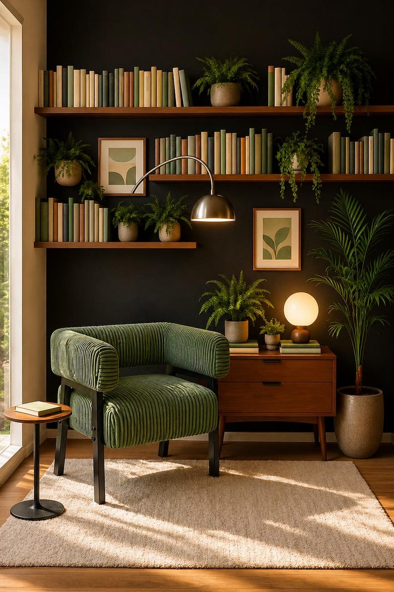 Puede incluir: Un sal&oacute;n acogedor con un sill&oacute;n de pana verde, estanter&iacute;as de madera llenas de libros y plantas en macetas. Una mesa auxiliar con una l&aacute;mpara y una alfombra completan el espacio. La habitaci&oacute;n est&aacute; decorada en tonos verdes, marrones y negros.