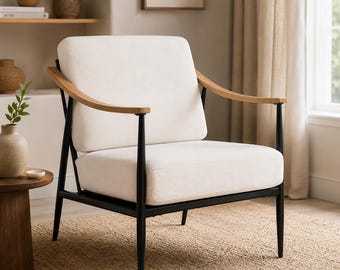 Sillón auxiliar de estilo moderno de mediados de siglo / Sillón con estructura de metal y acabado imitación madera, tapizado para sala de estar.