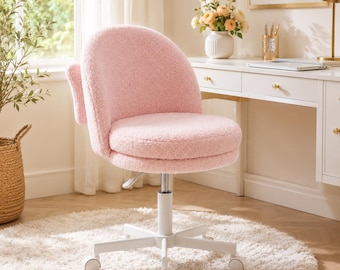 Teddy Fabric Vanity Chair with Bow Pillow, Armless Swivel Office Desk Chair