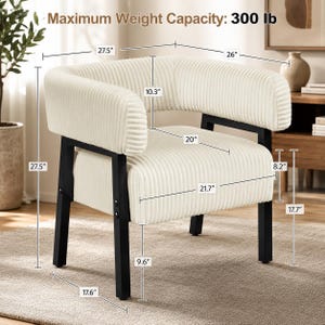 Puede incluir: Sill&oacute;n de pana color crema con patas de metal negro. La silla tiene respaldo y reposabrazos curvos. Dimensiones: 70 cm de altura, 66 cm de ancho y 55 cm de ancho del asiento. Capacidad m&aacute;xima de peso: 136 kg.