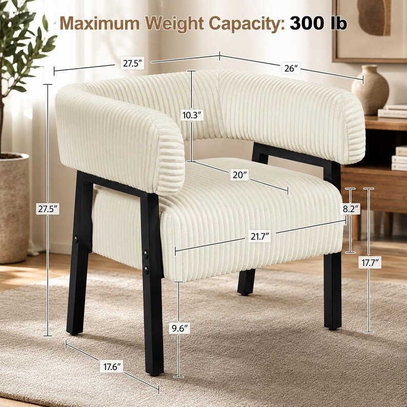Puede incluir: Sill&oacute;n de pana color crema con patas de metal negro. La silla tiene respaldo y reposabrazos curvos. Dimensiones: 70 cm de altura, 66 cm de ancho y 55 cm de ancho del asiento. Capacidad m&aacute;xima de peso: 136 kg.