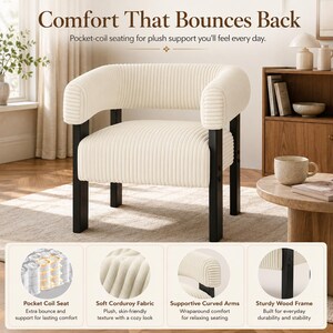 Puede incluir: Sill&oacute;n de pana color crema con patas negras. La silla tiene brazos curvos y un asiento con muelles ensacados. El texto de la imagen dice "Comfort That Bounces Back" y destaca "Soft Corduroy Fabric" y "Sturdy Wood Frame."