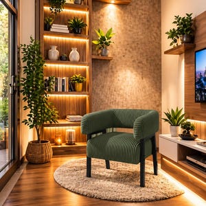 Puede incluir: Un acogedor sal&oacute;n con un sill&oacute;n verde sobre una alfombra redonda. En el fondo, una estanter&iacute;a de madera con plantas y adornos, junto con una gran ventana y un televisor.