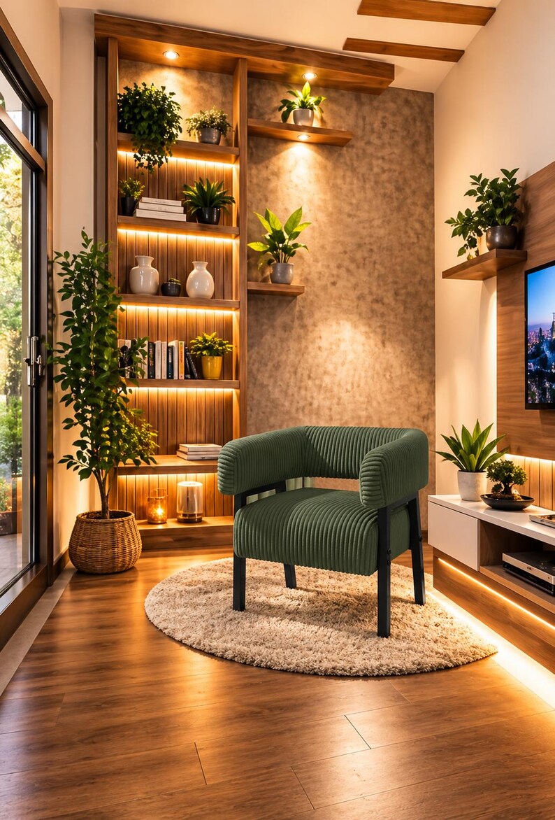 Puede incluir: Un acogedor sal&oacute;n con un sill&oacute;n verde sobre una alfombra redonda. En el fondo, una estanter&iacute;a de madera con plantas y adornos, junto con una gran ventana y un televisor.