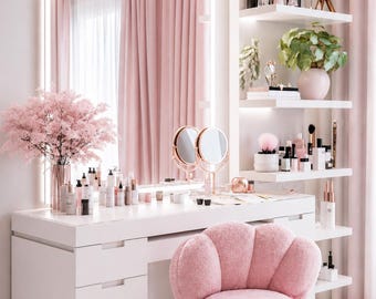 Pink Boucle Cloud Vanity Chair, Swivel Desk Chair with Wheels