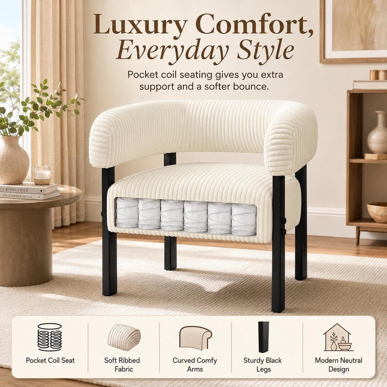 Puede incluir: Sill&oacute;n color crema con textura de pana, patas negras y brazos curvos. La silla cuenta con asientos de muelles ensacados y est&aacute; etiquetada como "Luxury Comfort, Everyday Style". El dise&ntilde;o se describe como "Modern Neutral".