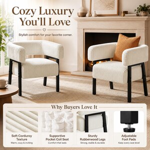 Puede incluir: Se muestran dos sillones de pana color crema con patas de metal negro. Las sillas tienen respaldo y reposabrazos redondeados. El texto "Cozy Luxury You'll Love" est&aacute; en la parte superior de la imagen. Las sillas est&aacute;n en un sal&oacute;n.