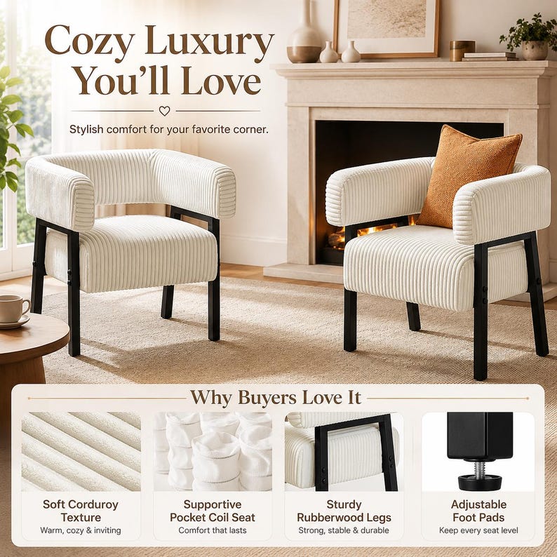 Puede incluir: Se muestran dos sillones de pana color crema con patas de metal negro. Las sillas tienen respaldo y reposabrazos redondeados. El texto "Cozy Luxury You'll Love" est&aacute; en la parte superior de la imagen. Las sillas est&aacute;n en un sal&oacute;n.
