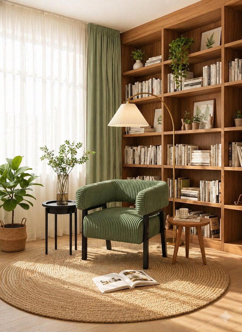 Puede incluir: Un acogedor sal&oacute;n con un sill&oacute;n de pana verde, una alfombra de yute y una l&aacute;mpara de pie con pantalla plisada. En el fondo, una estanter&iacute;a de madera llena de libros y plantas.