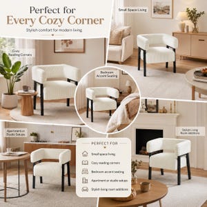 Puede incluir: M&uacute;ltiples im&aacute;genes de un sill&oacute;n tapizado blanco con patas negras. La silla se muestra en varios entornos, incluyendo una sala de estar y un dormitorio. El texto en la imagen dice "Perfect for Every Cozy Corner" y enumera usos como "Small Space Living" y "Cozy Reading Corners."