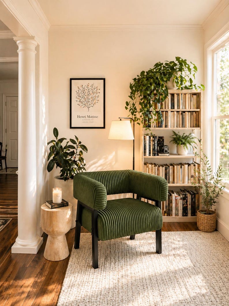 May include: A cozy reading nook featuring a green corduroy armchair with black legs, a wooden side table, and a bookshelf filled with books. A framed print with the text "Henri Matisse" hangs on the wall, and a floor lamp provides soft lighting.