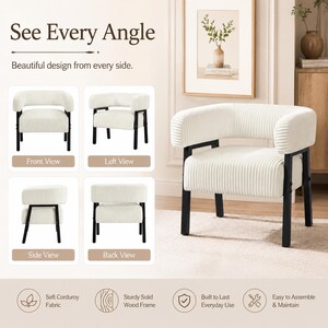 Puede incluir: Sill&oacute;n decorativo crema con tejido de pana y estructura de metal negro. La imagen muestra el sill&oacute;n desde varios &aacute;ngulos, con el texto "See Every Angle" y "Beautiful design from every side".