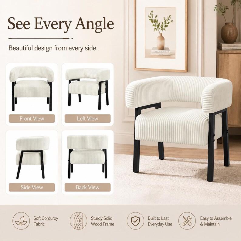 Puede incluir: Sill&oacute;n decorativo crema con tejido de pana y estructura de metal negro. La imagen muestra el sill&oacute;n desde varios &aacute;ngulos, con el texto "See Every Angle" y "Beautiful design from every side".