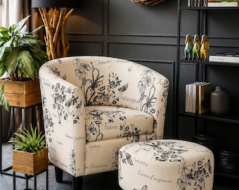 Botanical Print Barrel Chair with Ottoman | Round Accent Reading Set